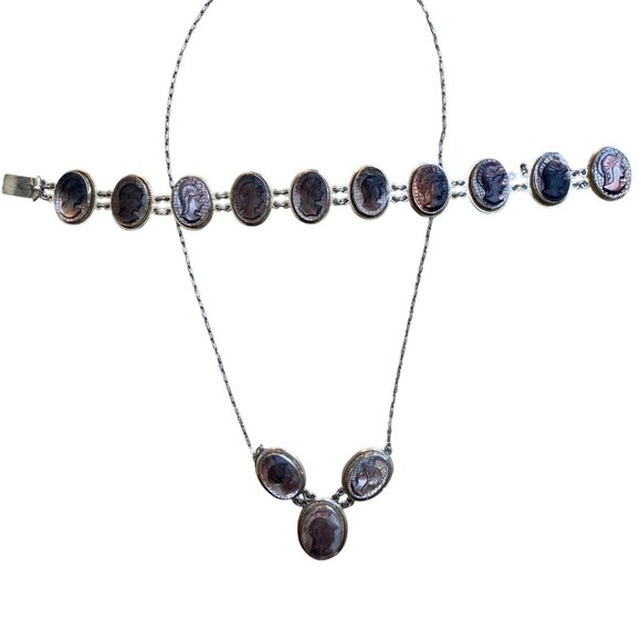 Victorian 800 Silver Necklace & Bracelet Set With Mother Of Pearl Cameos - Picture 2 of 16